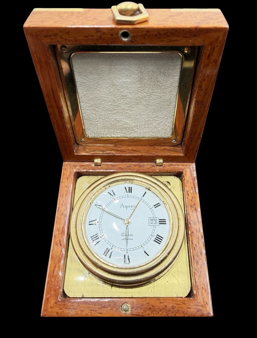 Amazing Vintage ASPREY Stainless Steel & White Dial Quartz Table Watch w/ Box: Good vintage condition w/ patina and wear according to age and use, see pictures. Dial measures approx. 1 1/4" long and 1 1/4" wide and weighs ca. 175 grams. Marked for ASPREY. The timepiece is curren
