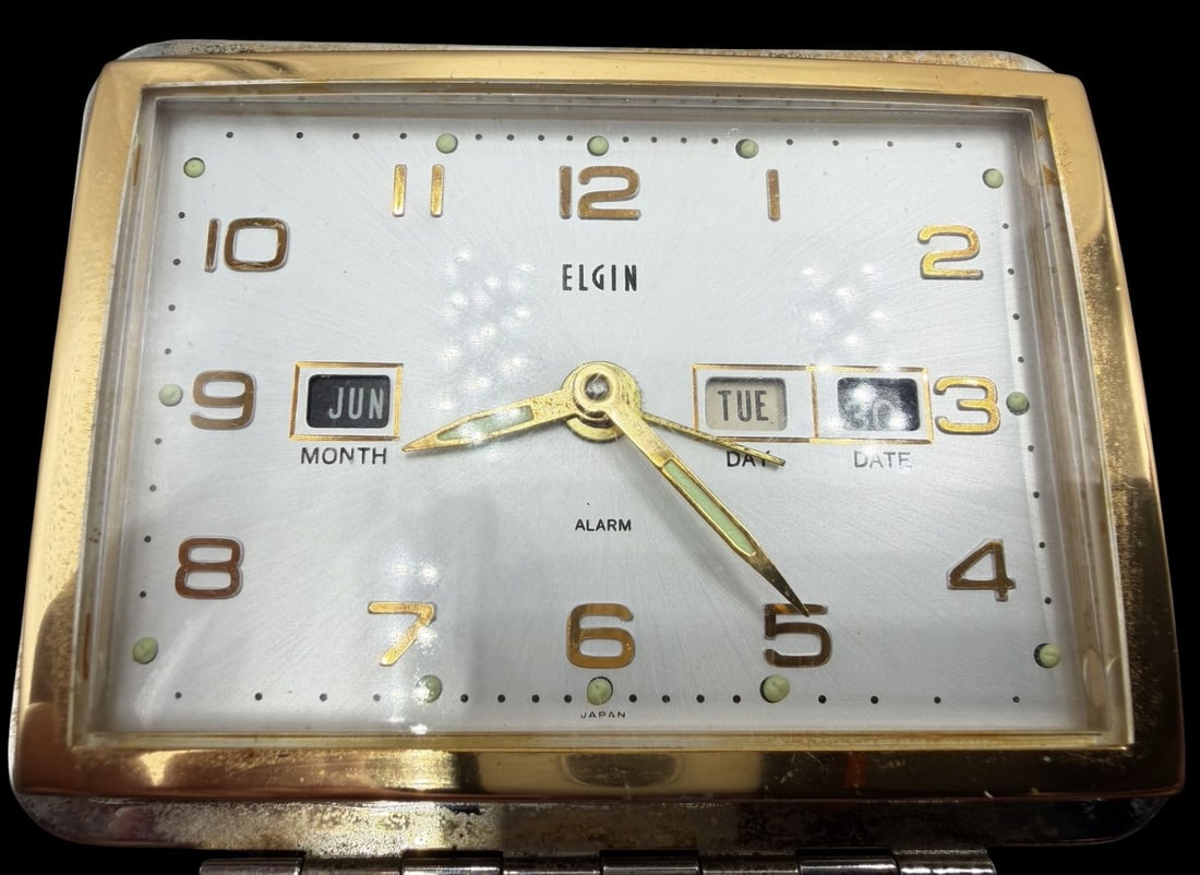 Amazing Vintage ELGIN Stainless Steel & White Dial Table Alarm Watch w/ Box: Good vintage condition w/ patina and wear according to age and use, see pictures. Dial measures approx. 2" long and 3" wide and weighs ca. 214.3 grams. Marked for ELGIN. The timepiece is working.