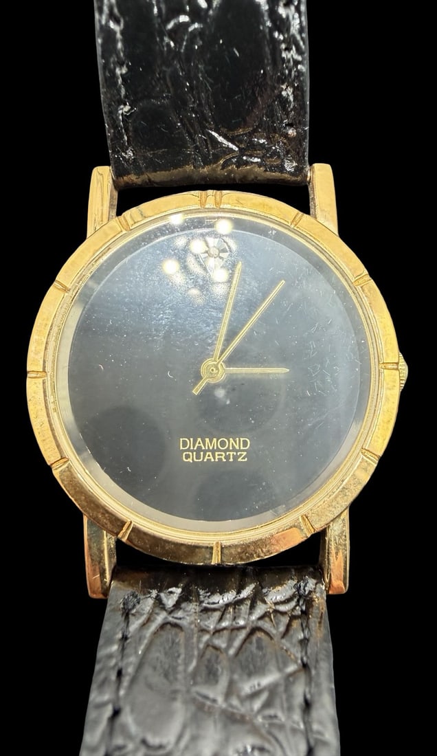 Gorgeous Ornate Vintage DESIGNER CLASSIC Stainless Steel, Black Dial & Clear Diamond Quartz Watch w/: Good vintage condition w/ patina and wear according to age and use, see pictures. Dial measures approx. 1" long and 1" wide and weighs ca. 20.9 grams. Marked for DESIGNER CLASSIC. The timepiece is wor