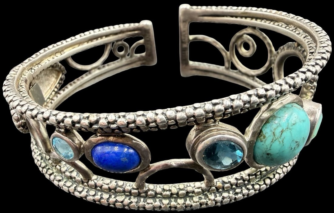 Stunning Vintage MICHAEL DAWKINS THAILAND Sterling Silver & Multi-colored Gemstone Bangle Bracelet (1 of 2)
