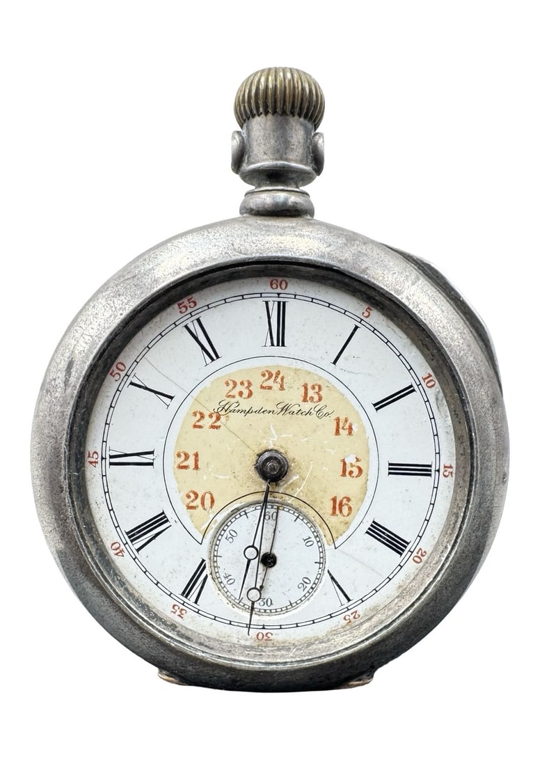 Antique HAMPDEN WATCH CO 900 Silver Pocket Watch w/ Red 24-hour Dial: Non-functional, no glass. Case diameter measures approx. 2.25". Weighs approx. 170.91 grams. Marked for Coin Silver (90%).