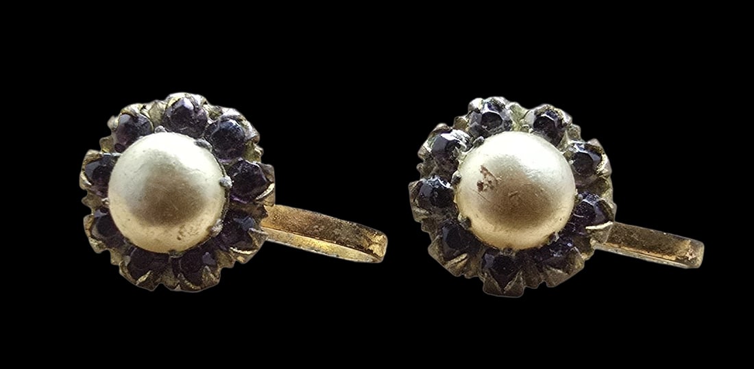 Amazing Vintage Gold Filled, Pearl & Purple Gemstone Earring: Good vintage condition w/ minor patina according to age. Small flare on one pearl. Measures approx. 1/2" long and 1/2" wide and weighs ca. 2 grams. Marked for Gold Filled