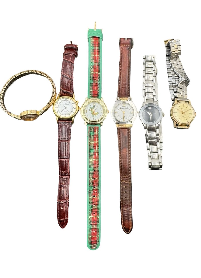 Lot of Vintage Wristwatches w/ Metal & Leather Bands - MOVADO, AIGNER, TIMEX: Good vintage condition w/ patina and wear according to age and use, see pictures. Untested.