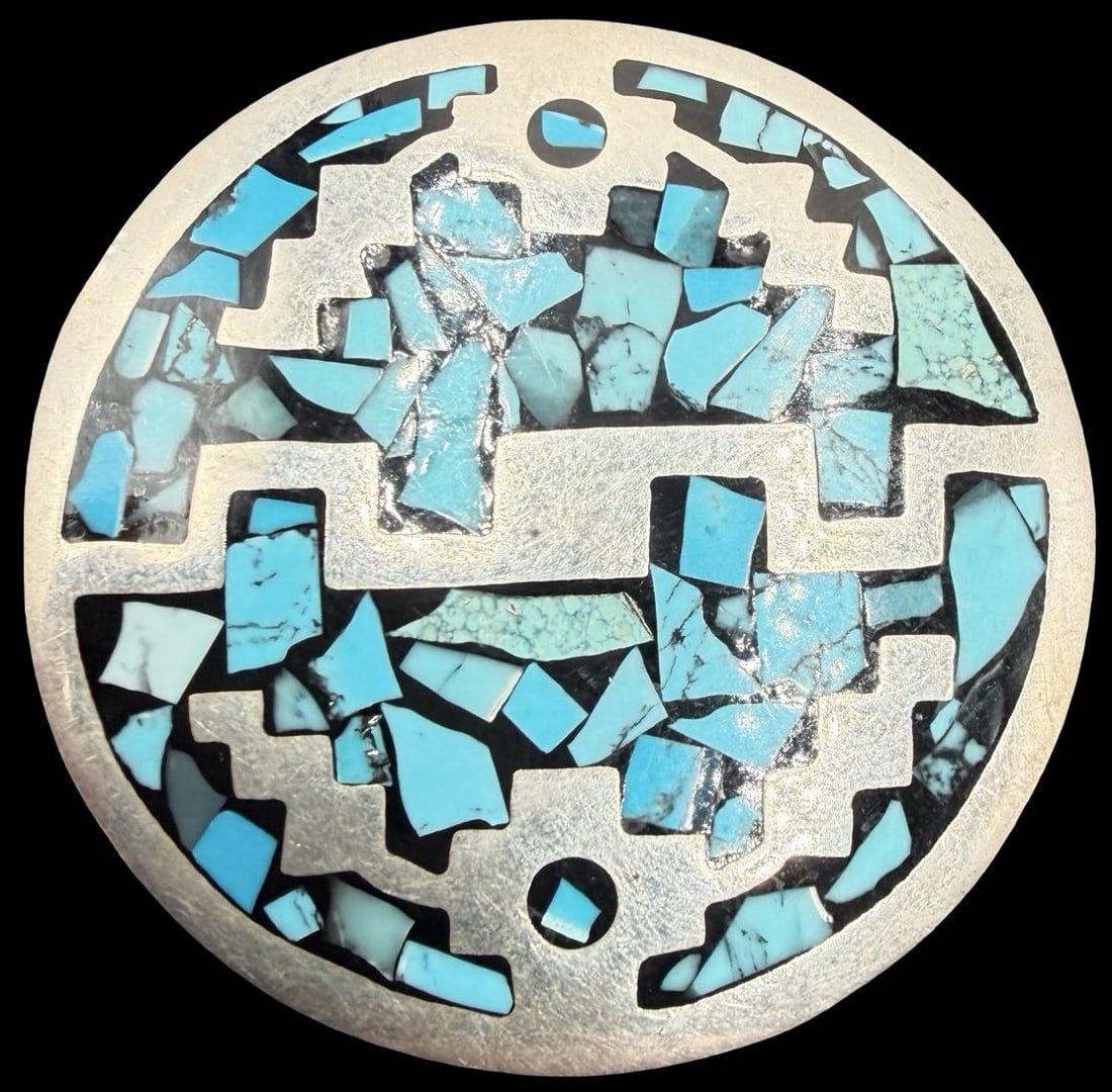 Stunning Ornate Vintage Native American Gilt Sterling Silver & Inlaid Turquoise Mosaik Pin Brooch: Good vintage condition w/ patina and wear according to age and use, see pictures. Measures approx. 1 3/4" long and 1 3/4" wide and weighs ca. 24.1 grams. Marked Sterling Silver