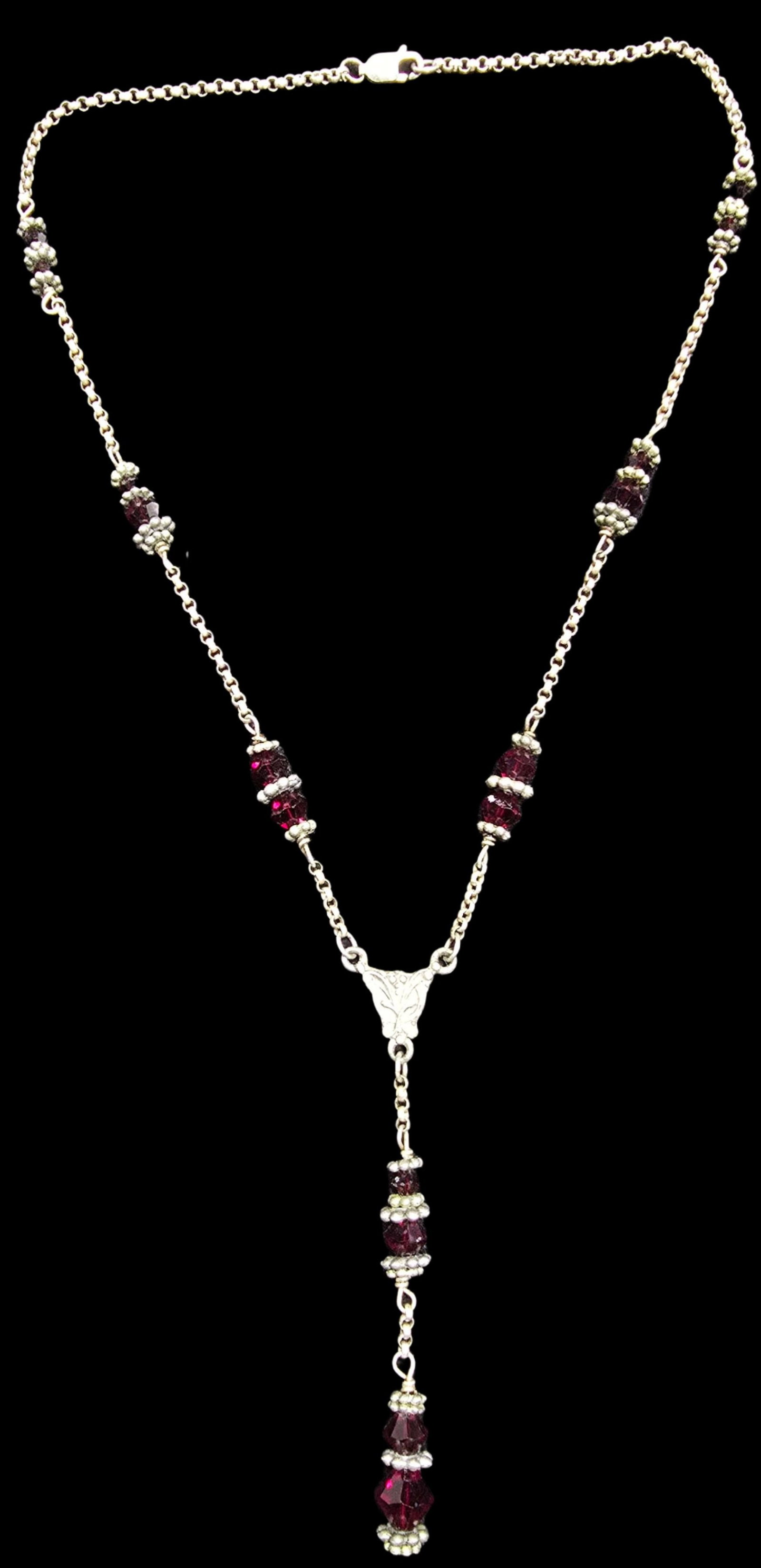 Gorgeous Vintage Sterling Silver & Red Gemstone Rosary Style Necklace: Good vintage condition w/ patina and wear according to age and use, see pictures. Measures approx. 11" long and weighs ca. 13.5 grams. Tested for Sterling Silver.