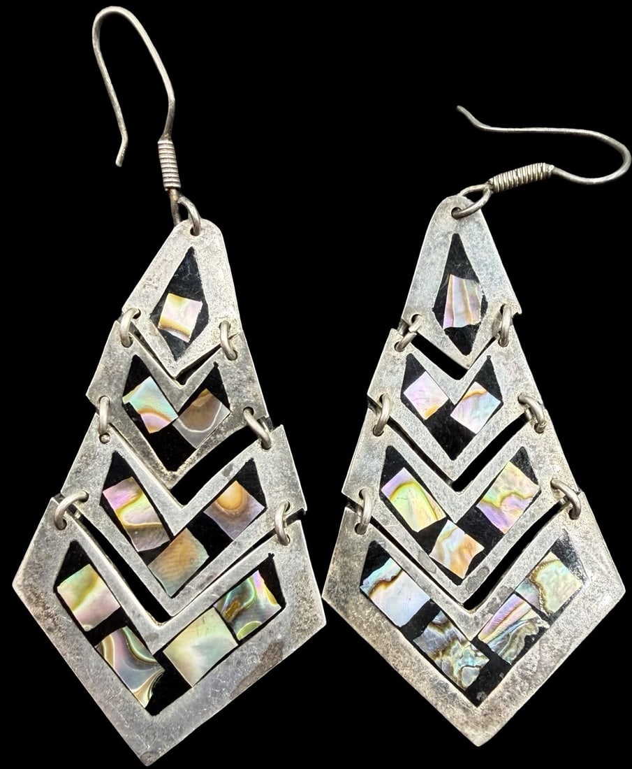 Gorgeous Ornate Vintage MEXICO Sterling Silver & Abalone Shell Dangle Earrings: Good vintage condition w/ patina and wear according to age and use, see pictures. Measures approx. 2 1/2" long and 1" wide and weighs ca. 21.2 grams. Marked Sterling Silver & MEXICO