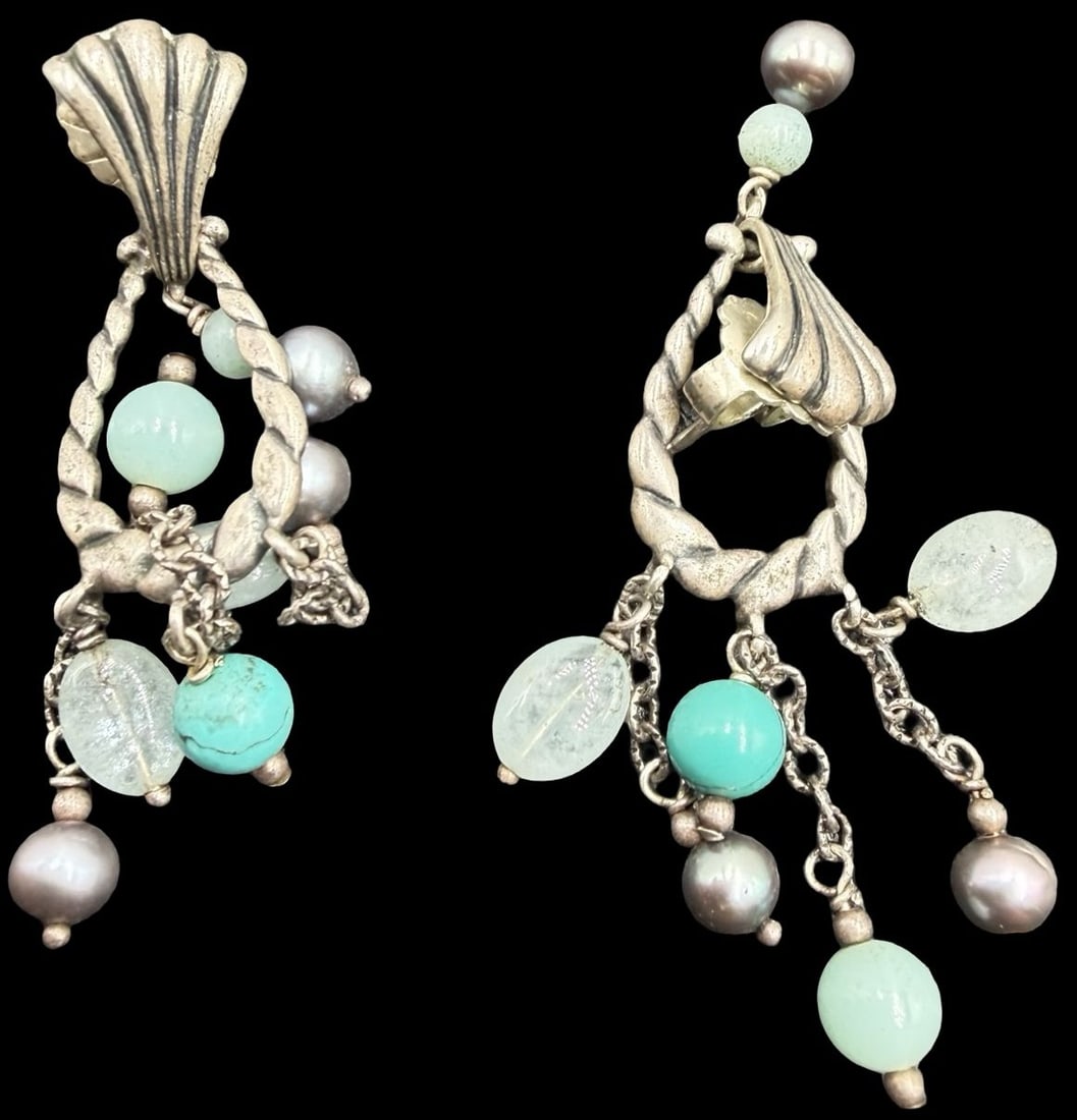 Gorgeous Ornate Vintage Sterling Silver, Turquoise & Silver Beads Dangle Earrings: Good vintage condition w/ patina and wear according to age and use, see pictures. Measures approx. 2" long and 1" wide and weighs ca. 10.8 grams. Marked Sterling Silver