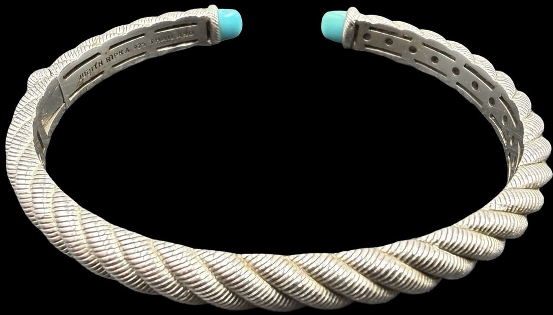Stunning Ornate Vintage JUDITH RIPKA Sterling Silver & Turquoise Bangle Bracelet: Good vintage condition w/ patina and wear according to age and use, see pictures. Measures approx. 3" long and 2 1/2" wide and weighs ca. 26.2 grams. Marked Sterling Silver, JUDITH RIPKA, THAILAND