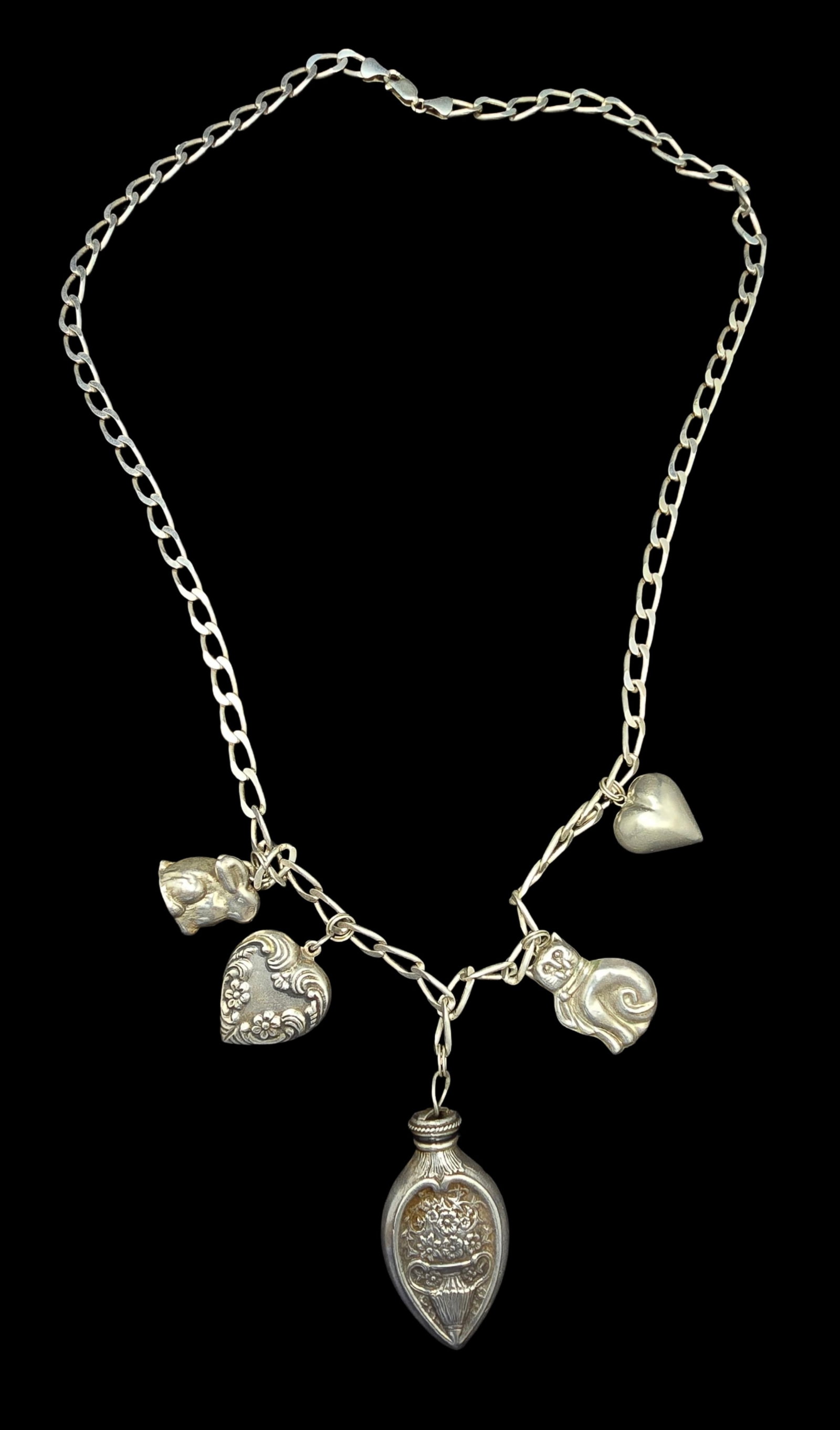 Unusual Vintage Sterling Silver Necklace w/ Five Pendant Charms (1 of 5)
