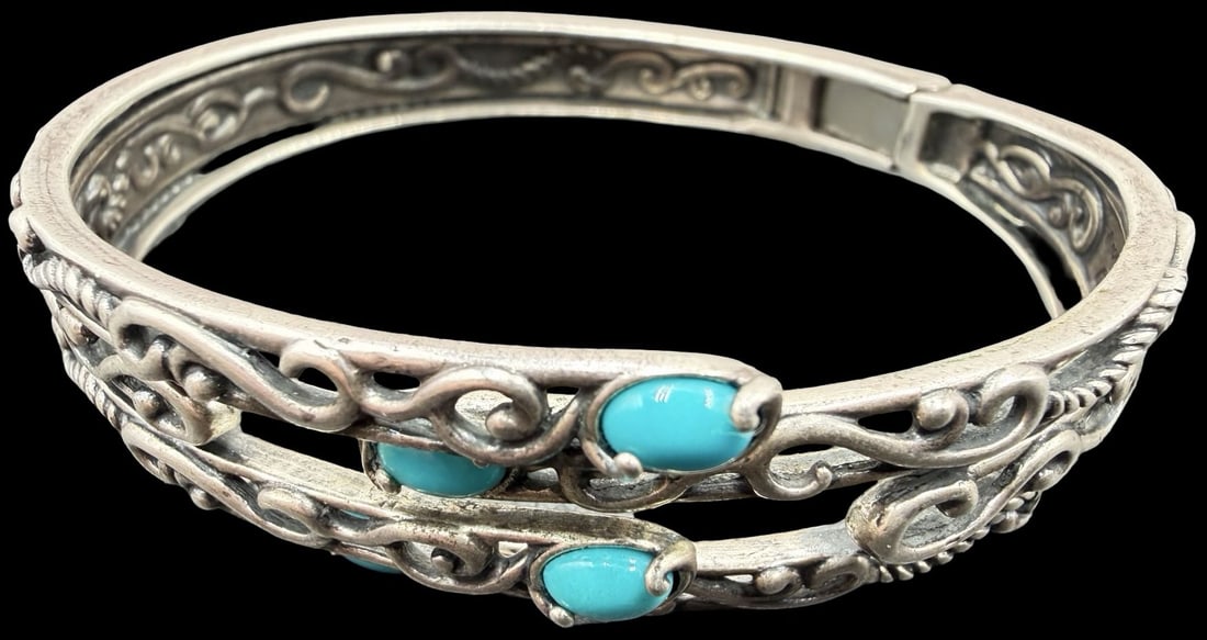 Stunning Ornate Vintage Native American Sterling Silver & Turquoise Bangle Bracelet: Good vintage condition w/ patina and wear according to age and use, see pictures. Measures approx. 3" long and 2 1/2" wide and weighs ca. 41.5 grams. Tested Sterling Silver