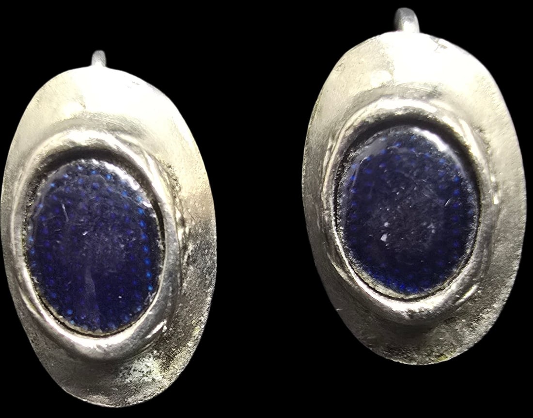 Gorgeous Vintage Sterling Silver Earrings w/ Blue Gemstone: Good vintage condition w/ patina and wear according to age and use, see pictures. Each measures approx. 1" long and they jointly weigh ca. 9 grams. Marked Sterling Silver.