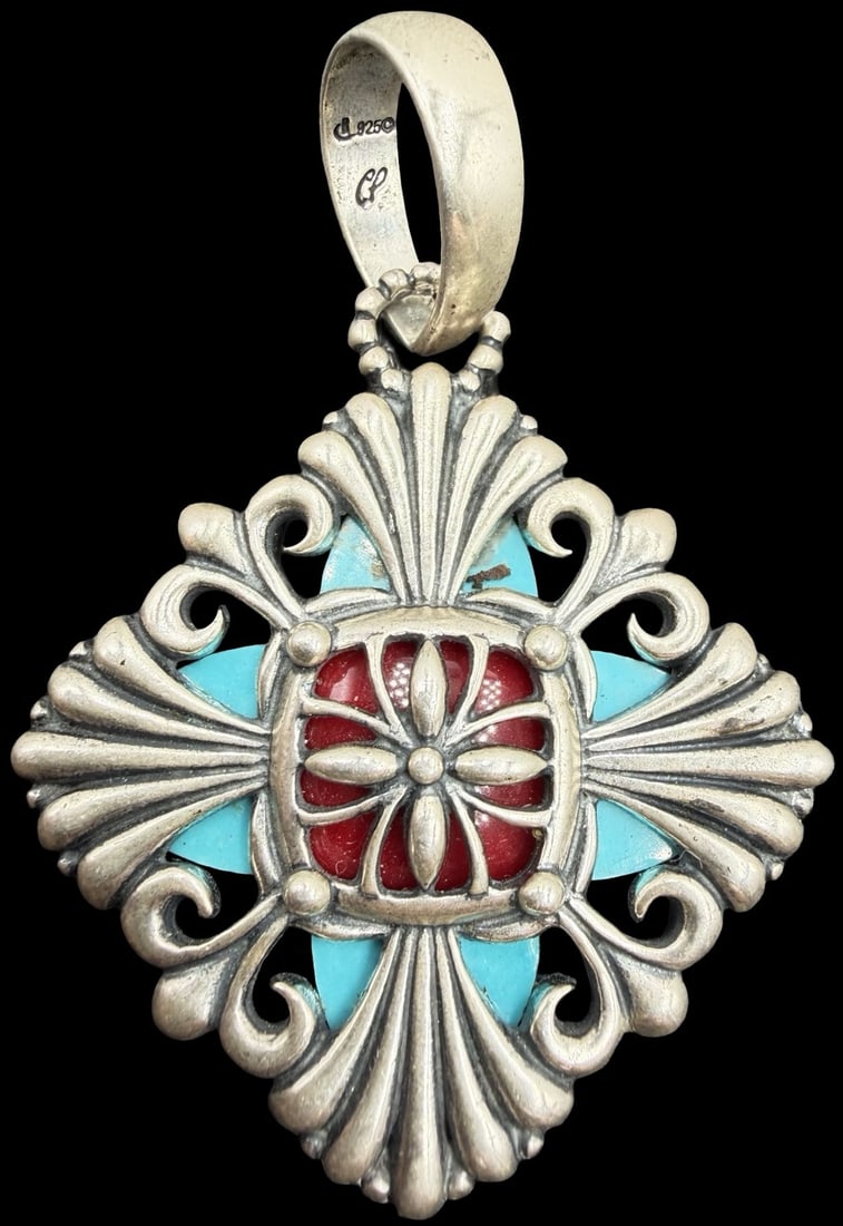 Beautiful Ornate Vintage Gilt European Sterling Silver, Turquoise & Red, Green Gemstone Pendant: Good vintage condition w/ patina and wear according to age and use, see pictures. Measures approx. 2" long and 1 1/2" wide and weighs ca. 31.6 grams. Marked Sterling Silver