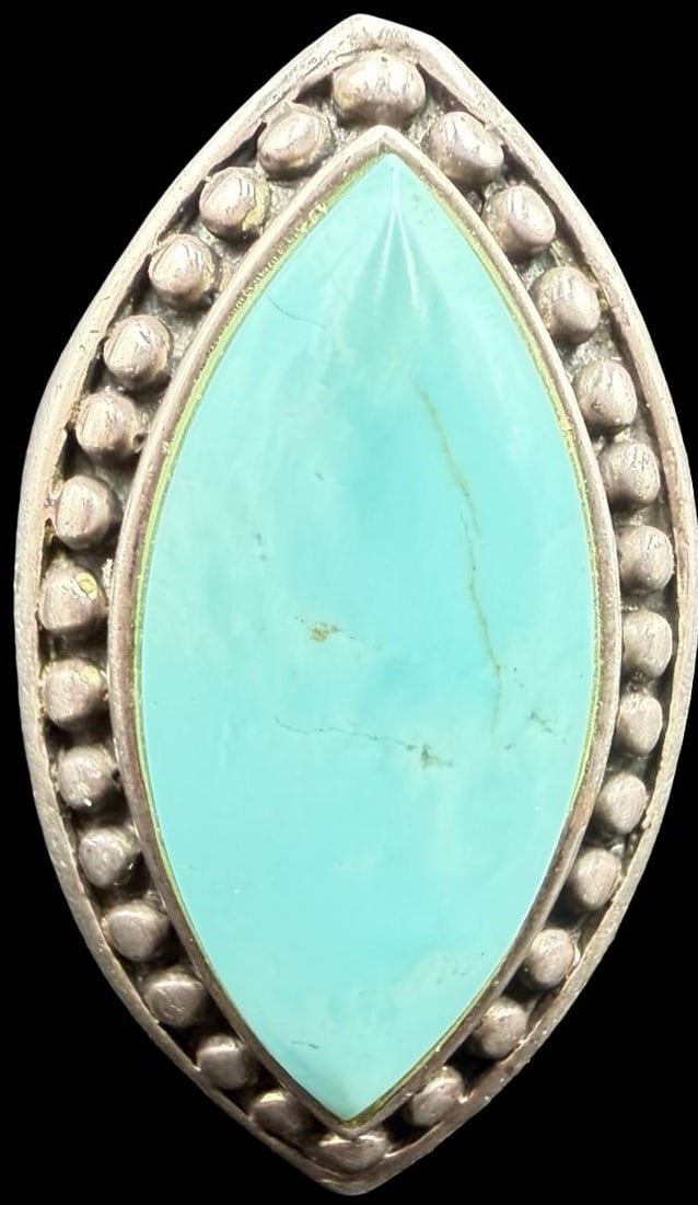 Stunning Ornate Vintage SANY C. TREASURES Gilt Sterling Silver & Turquoise Gemstone Ring: Good vintage condition w/ patina and wear according to age and use, see pictures. Measures approx. 1 1/4" long and 1/2" wide and weighs ca. 13 grams. Ring is Size 9. Marked Sterling Silver