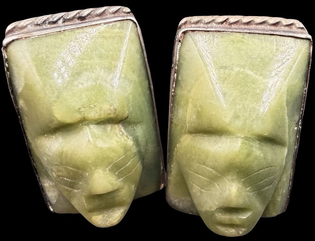 Stunning Ornate NATIVE AMERICAN Vintage Sterling Silver & Carved Face Green Gemstone Screws Earrings: Good vintage condition w/ patina and wear according to age and use, see pictures. Measures approx. 3/4" long and 1/2" wide and weighs ca. 14.7 grams. Marked Sterling Silver