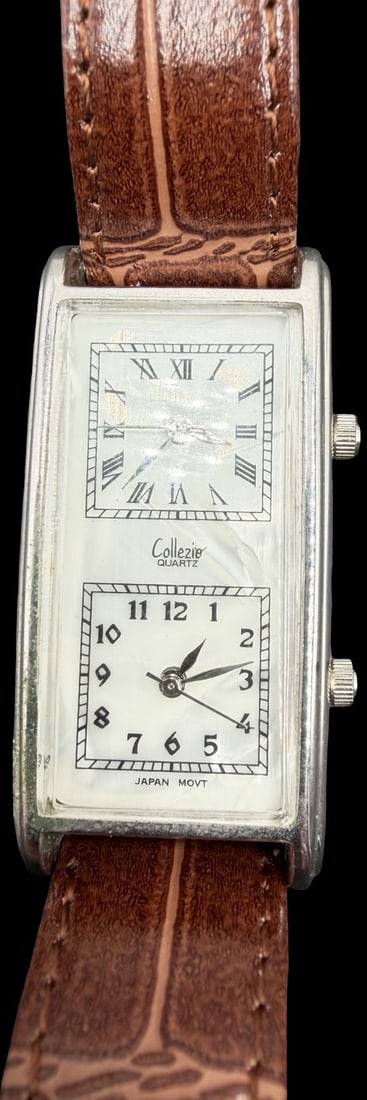 Gorgeous Vintage COLLEZIO Silver Tone & Dual Double Time Watch: Good vintage condition w/ patina and wear according to age and use, see pictures. Measures approx. 1 1/2" long and 3/4" wide. Marked for COLLEZIO. Watch isn't working.