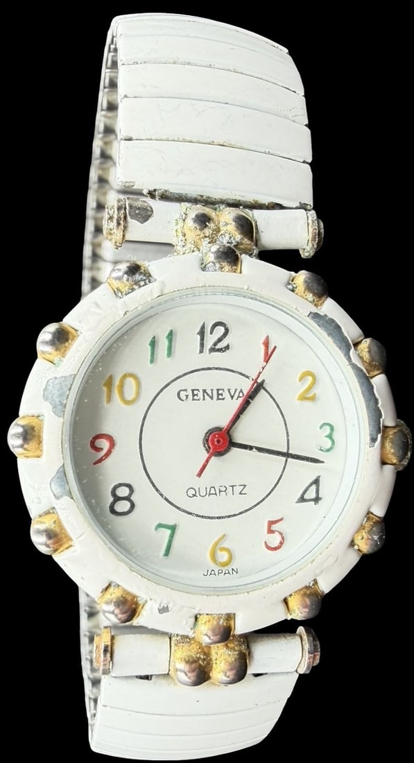 Gorgeous Vintage GENEVA White & Gold Color Quartz Watch: Good vintage condition w/ patina and wear according to age and use, see pictures. Measures approx. 3/4" long and 3/4" wide. Marked for GENEVA. Watch isn't working.