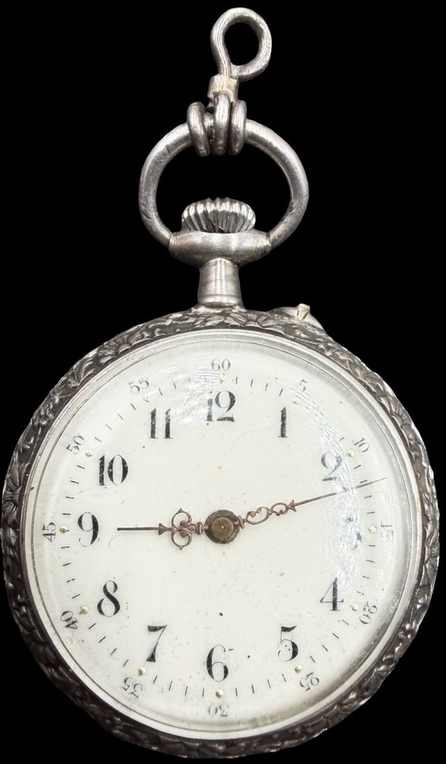 Amazing Ornate Vintage 800 Silver & White Dial Pocket Watch: Good vintage condition w/ patina and wear according to age and use, see pictures. Measures approx. 1" long and 1" wide. Marked for 800 Silver. Watch isn't working.