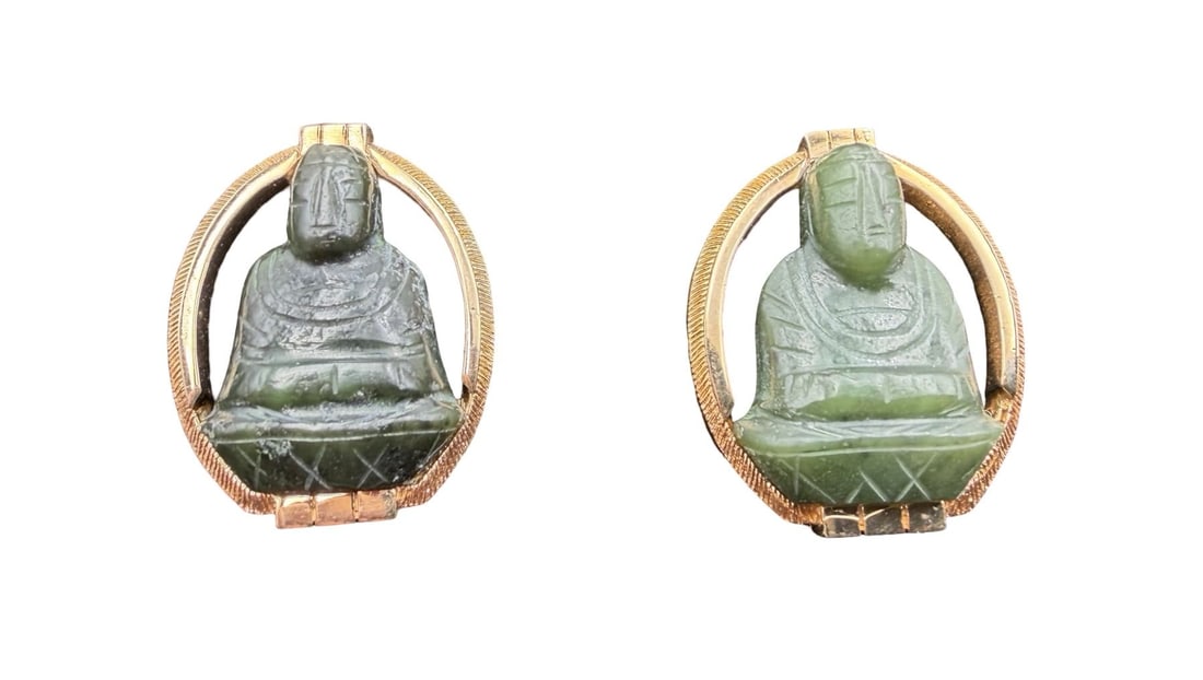 Gorgeous Ornate Vintage Gold Filled & Carved Jadeite Buddha Cufflinks (1 of 3)