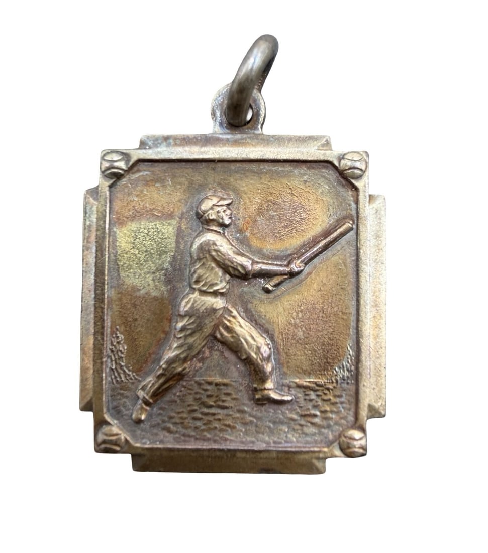 Gorgeous Ornate Vintage 1945 Gold-Tone Metal Baseball "YMCA ALL STARS" Pendant Charm / Fob: Very good vintage condition with minor patina according to age. Measures approx. 1 1/4" long and 3/4" wide and weighs ca. 5.9 grams.