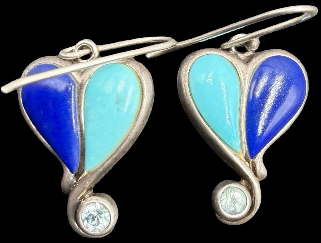 Stunning Ornate Vintage Gilt Sterling Silver, Blue, Turquoise, & Clear Gemstones Earrings: Good vintage condition w/ patina and wear according to age and use, see pictures. Measures approx. 1 3/4" long and 1" wide and weighs ca. 10.3 grams. Marked Sterling Silver & THAILAND