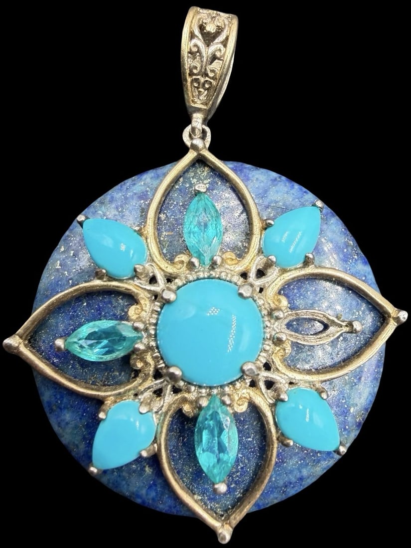 Stunning Ornate Vintage Gilt European Sterling Silver Pendant w/ Blue & Turquoise Gemstones: Good vintage condition w/ patina and wear according to age and use, see pictures. Measures approx. 1" long and 1" wide and weighs ca. 15.7 grams. Marked Sterling Silver