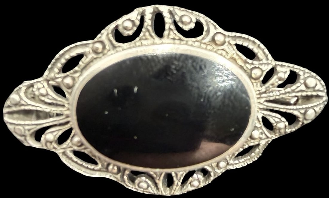 Beautiful Ornate Vintage Gilt European Sterling Silver, Marcasite & Black Onyx Gemstone Pin Brooch: Good vintage condition w/ patina and wear according to age and use, see pictures. Measures approx. 1 1/4" long and 3/4" wide and weighs ca. 6.1 grams. Marked Sterling Silver
