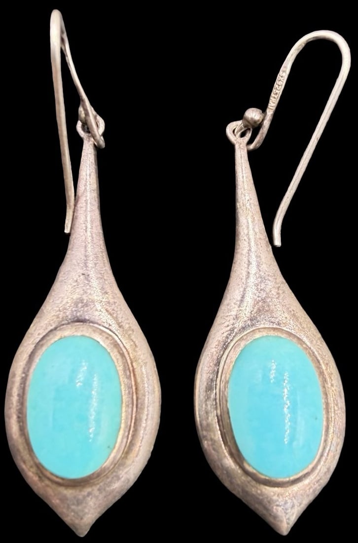 Amazing Vintage Gilt THAILAND Sterling Silver & Turquoise Gemstone Dangle Earrings: Good vintage condition w/ patina and wear according to age and use, see pictures. Measures approx. 2 1/4" long and 1/2" wide and weighs ca. 10 grams. Marked Sterling Silver & THAILAND