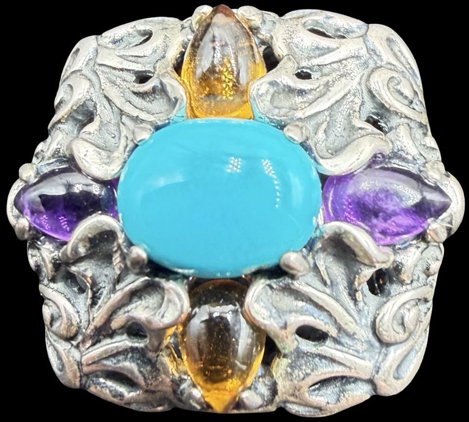 Stunning Ornate Vintage Gilt European Sterling Silver & Multi-colored Gemstones Ring: Good vintage condition w/ patina and wear according to age and use, see pictures. Measures approx. 3/4" long and 3/4" wide and weighs ca. 15.3 grams. Ring is Size 9. Marked Sterling Silver