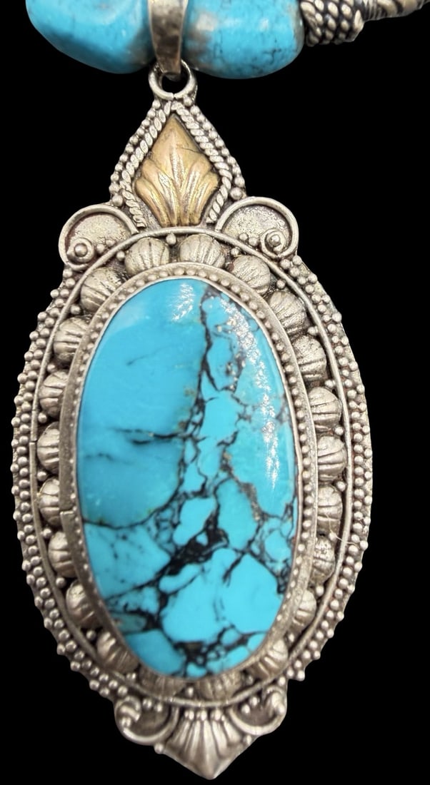 Stunning Ornate Vintage Gilt 1960's NATIVE AMERICAN Sterling Silver & Turquoise Gemstones Necklace: Good vintage condition w/ patina and wear according to age and use, see pictures. Measures approx. 18" long and 1/2" wide and weighs ca. 42 grams. Pendant Measures approx. 2" long and 1" wide. Marked 
