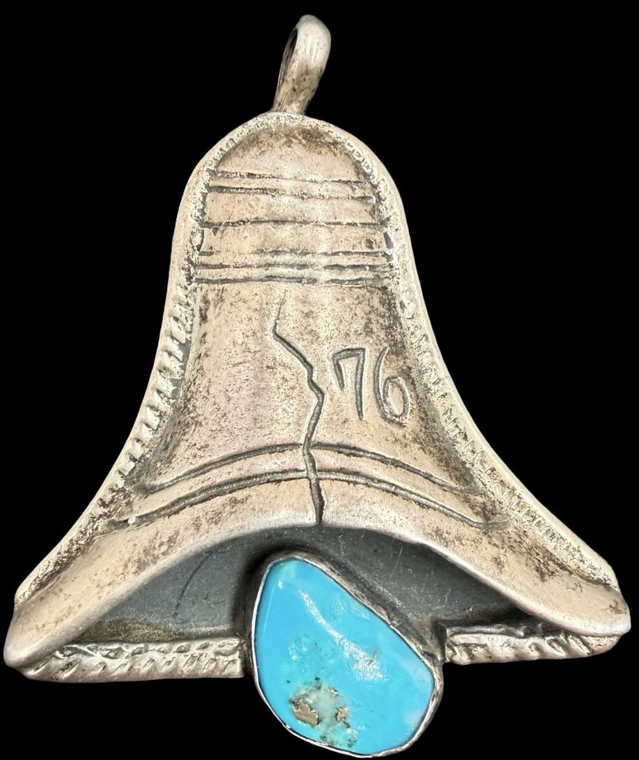 Gorgeous Ornate Vintage Navajo Native American Gilt Sterling Silver Liberty Bell '76 Pendant w/: Good vintage condition w/ patina and wear according to age and use, see pictures. Measures approx. 2" long and 1 1/2" wide and weighs ca. 18.4 grams. Tested for Sterling Silver
