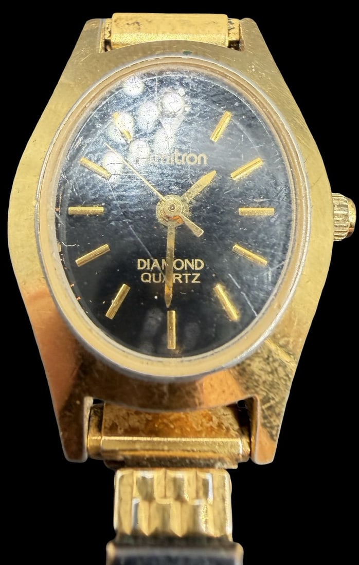 Gorgeous Ornate Vintage ARMITRON Stainless Steel Gold Tone & Black Dial Quartz Watch: Good vintage condition w/ patina and wear according to age and use, see pictures. Measures approx. 3/4" long and 1/2" wide. Marked for ARMITRON. Watch isn't working.