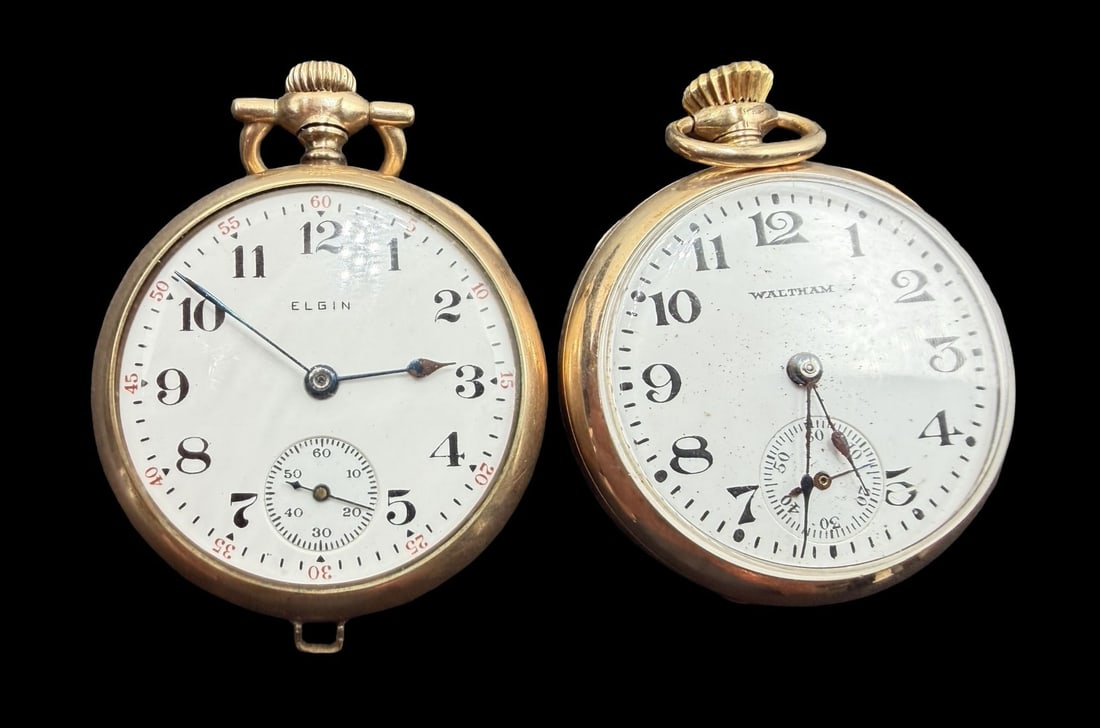 Lot of 2 Vintage Mid-Century WALTHAM & ELGIN Gold Filled Pocket Watches: Good vintage condition w/ patina and wear according to age and use, see pictures. Dial measures approx. 1" long and 1" wide and each weighs ca. 47 grams. Marked for WALTHAM & ELGIN. The timepieces are
