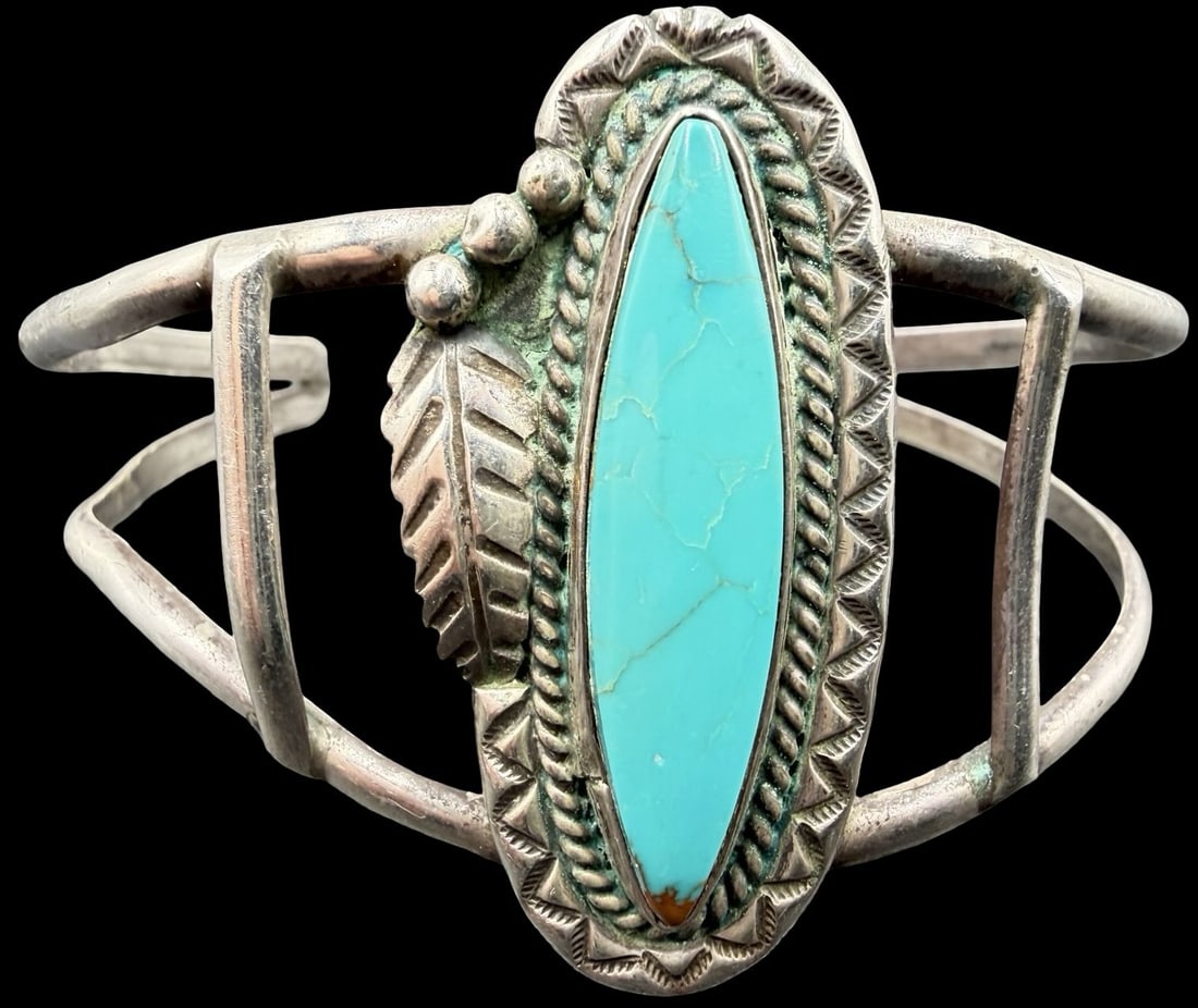 Stunning Ornate Vintage Native American Sterling Silver & Turquoise Gemstones Bangle Bracelet: Good vintage condition w/ patina and wear according to age and use, see pictures. Measures approx. 2 3/4" long and 2" wide and weighs ca. 23.8 grams. Tested for Sterling Silver