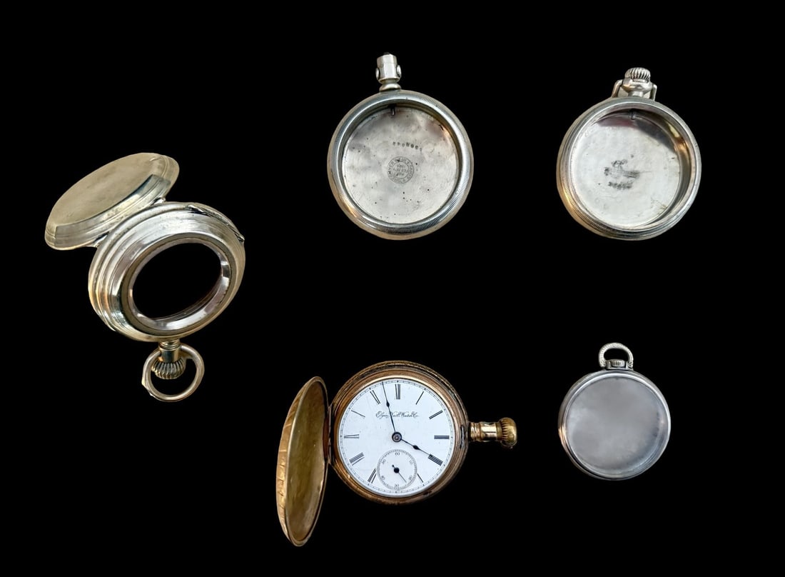 Lot of 1 Pocket Watch & 4 Pocket Watch Cases: Good vintage condition w/ patina and wear according to age and use, see pictures. Weighs approx. 12 Oz. The timepieces are currently not working.