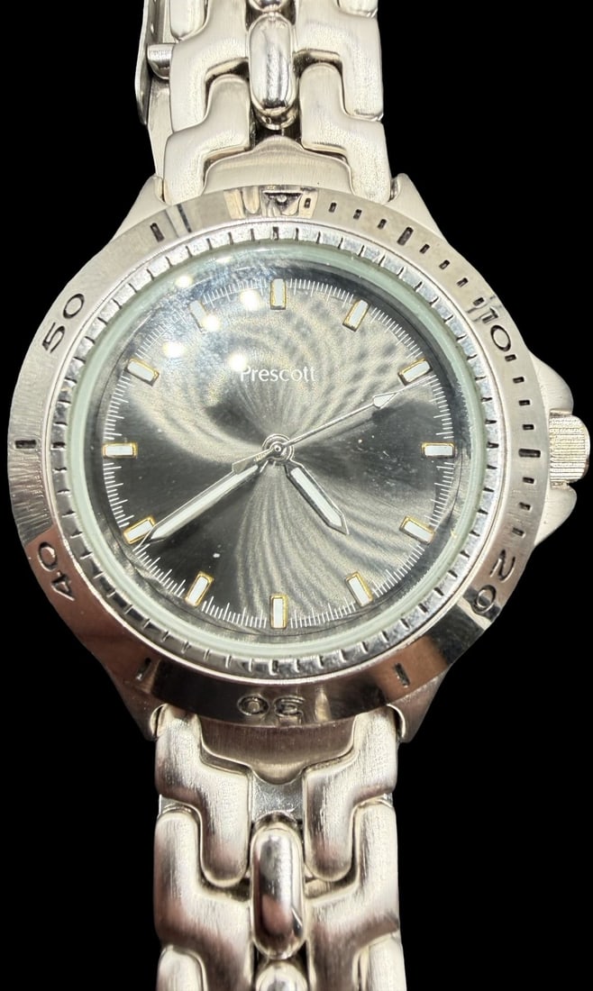 Gorgeous Vintage PRESCOTT Stainless Steel Gold Tone Watch: Good vintage condition w/ patina and wear according to age and use, see pictures. Measures approx. 1" long and 1" wide. Marked for PRESCOTT. Watch isn't working.