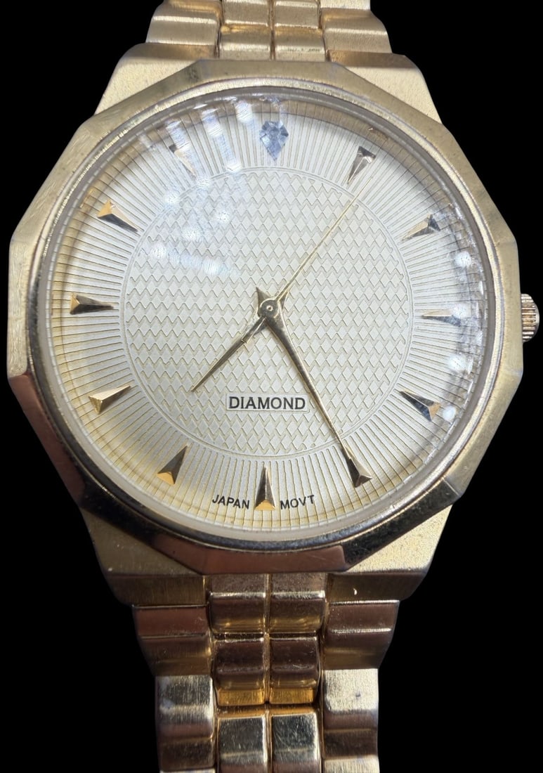Gorgeous Vintage DIAMOND Stainless Steel Gold Tone Quartz Watch: Good vintage condition w/ patina and wear according to age and use, see pictures. Measures approx. 1 1/4" long and 1 1/4" wide. Marked for DIAMOND. Watch is working.