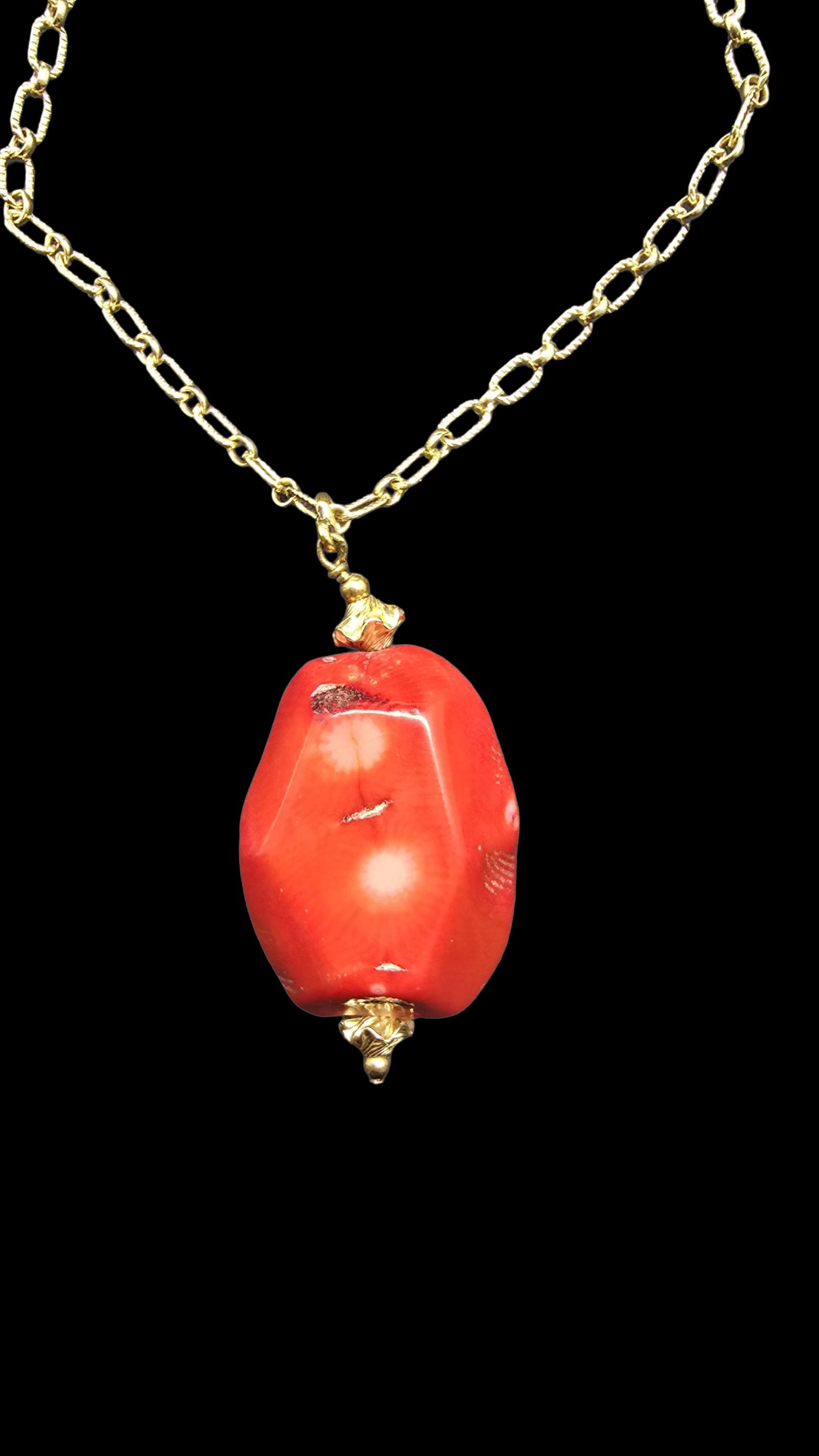 Stunning Ornate Vintage Gold Filled Necklace w/ Red Gemstone Pendant: Good vintage condition w/ patina and wear according to age and use, see pictures. Pendant measures approx. 2" long and 1" wide and weighs ca. 50 grams. Necklace is 22" long. Marked for Gold Filled