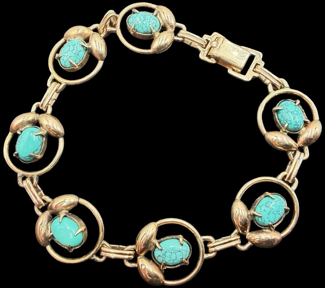 Unusual Ornate Vintage 12K Gold-filled & Turquoise Bracelet: Good vintage condition w/ patina and wear according to age and use, see pictures. Measures approx. 3" long and 3" wide and weighs ca. 11 grams. Marked for 12K Gold Filled