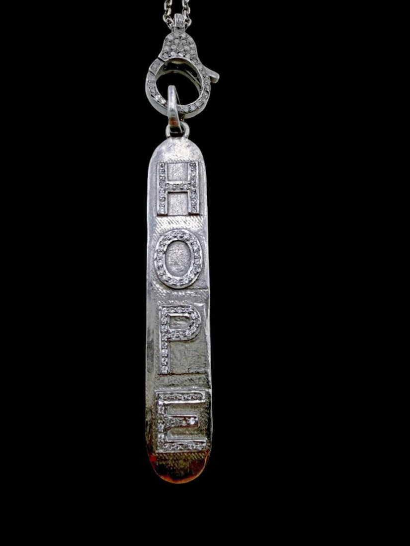 Amazing Ornate Vintage Sterling Silver Necklace w/ Hope Pendant: Good vintage condition w/ patina and wear according to age and use, see pictures. Pendant measures approx. 3 1/2" long and 1/2" wide and weighs ca. 14 grams. Necklace is 19" long and 1/8" wide. Tested