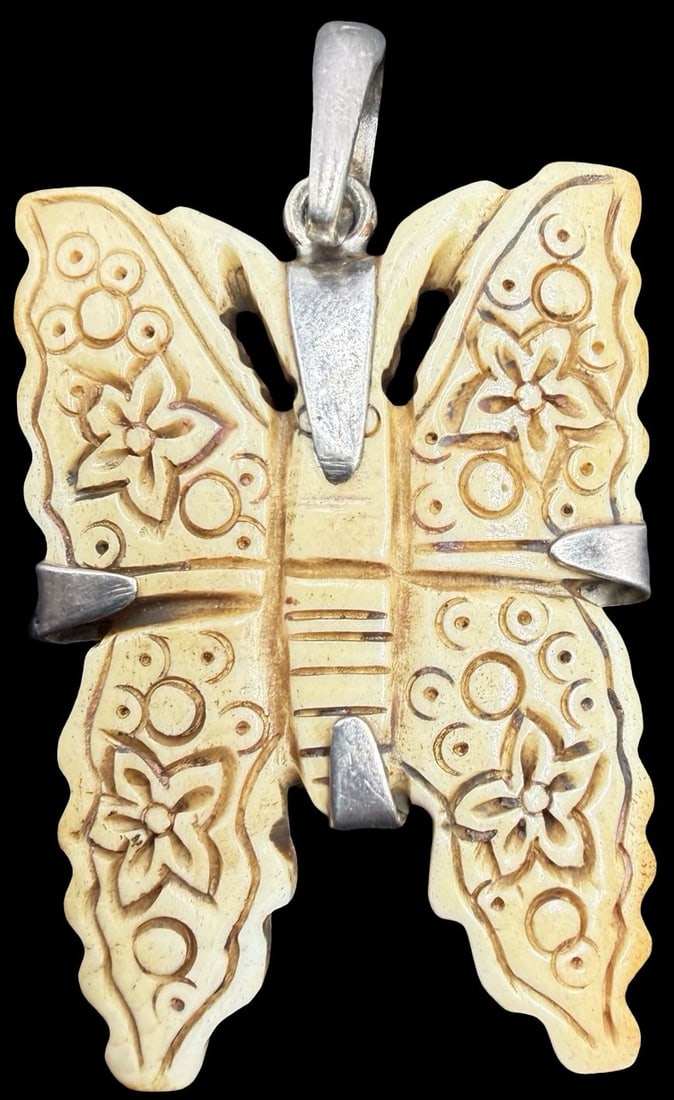 Unusual Ornate Vintage Sterling Silver & Carved Butterfly Bone Pendant Charm: Good vintage condition w/ patina and wear according to age and use, see pictures. Measures approx. 2 1/2" long and 1 1/4" wide and weighs ca. 14.7 grams. Tested for Sterling Silver