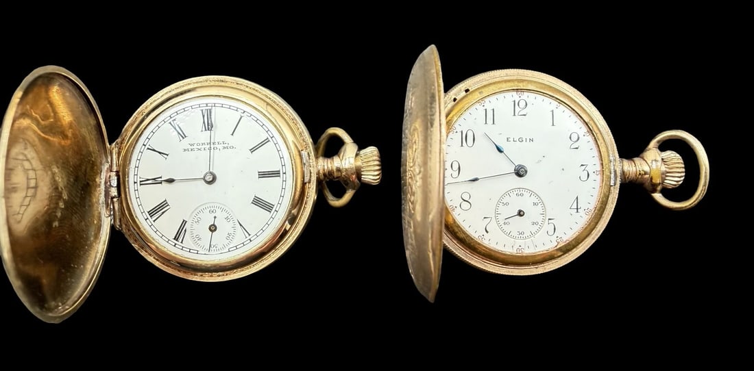 2 Vintage ELGIN & WORRELL Gold Filled & White Dial Pocket Watches: Good vintage condition w/ patina and wear according to age and use, see pictures. Both dials measure approx. 1" long and 1" wide and each piece weighs ca. 78 grams. Marked for ELGIN & WORRELL. The tim