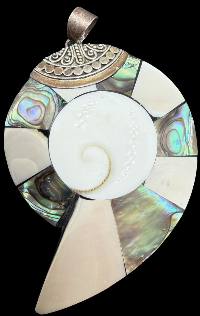 Unusual Ornate Vintage European Sterling Silver, Abalone Shell & Mother of Pearl Pendant Charm: Good vintage condition w/ patina and wear according to age and use, see pictures. Measures approx. 2" long and 1 1/2" wide and weighs ca. 13.6 grams. Marked Sterling Silver