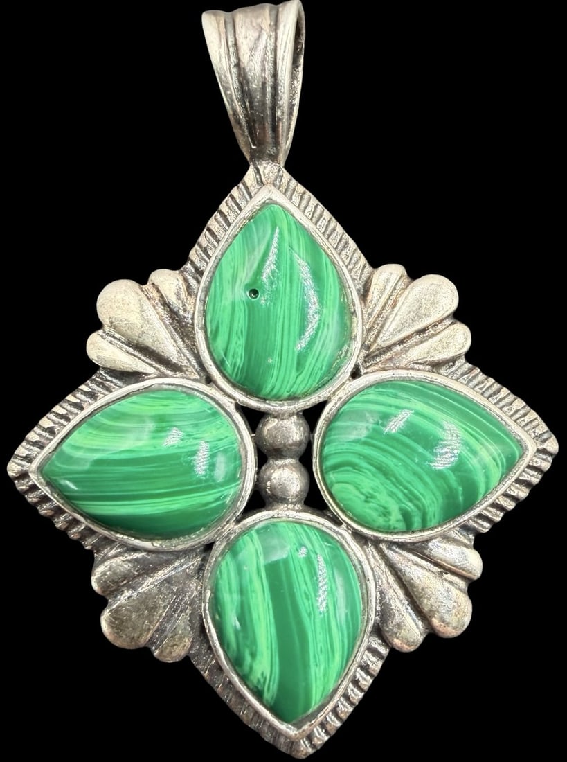Beautiful Ornate Vintage Gilt Sterling Silver & Malachite Pendant Charm: Good vintage condition w/ patina and wear according to age and use, see pictures. Measures approx. 2" long and 1" wide and weighs ca. 10.2 grams. Marked Sterling Silver