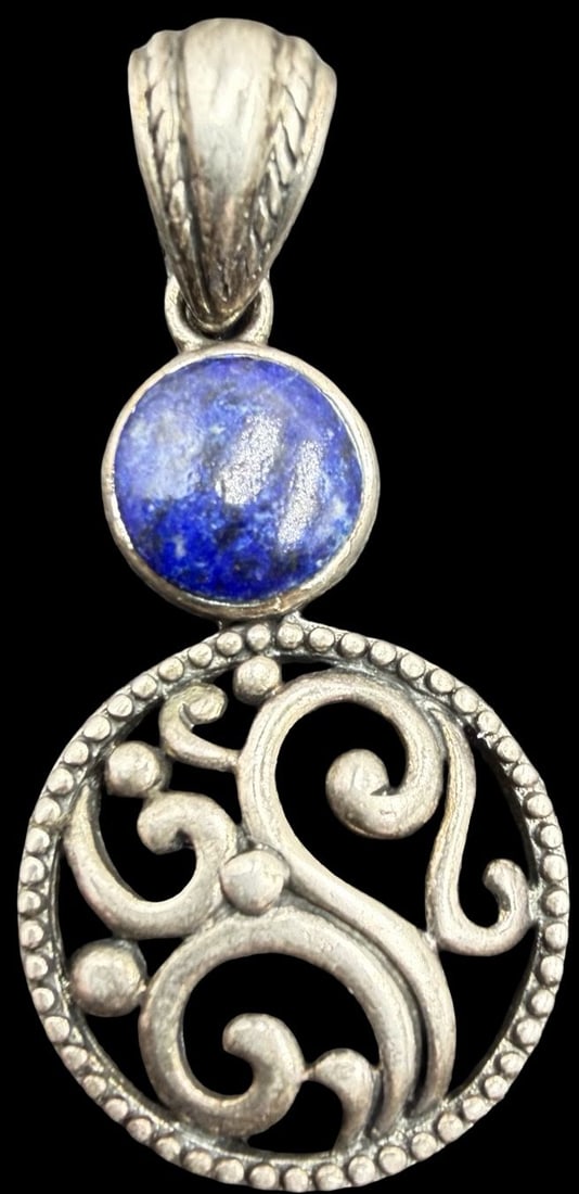 Beautiful Ornate Vintage THAILAND Sterling Silver & Blue Gemstone Pendant Charm: Good vintage condition w/ patina and wear according to age and use, see pictures. Measures approx. 1 3/4" long and 3/4" wide and weighs ca. 8.2 grams. Marked Sterling Silver & THAILAND