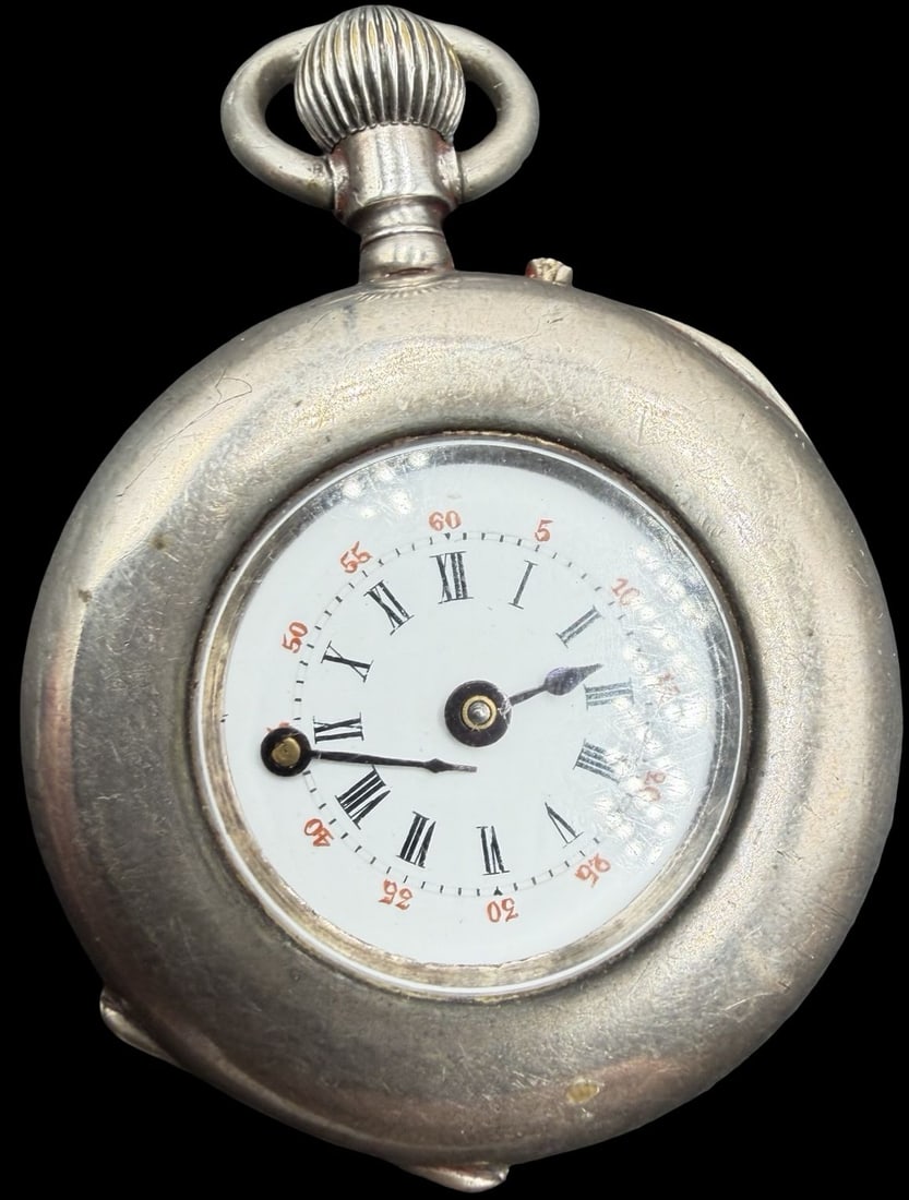 Amazing Vintage SBC Silver Tone & White Dial Pocket Watch: Good vintage condition w/ minor patina according to age; Arm is broken. Measures approx. 3/4" long and 3/4" wide and weighs ca. 509.4 grams. Marked for SBC. Watch isn' t working.