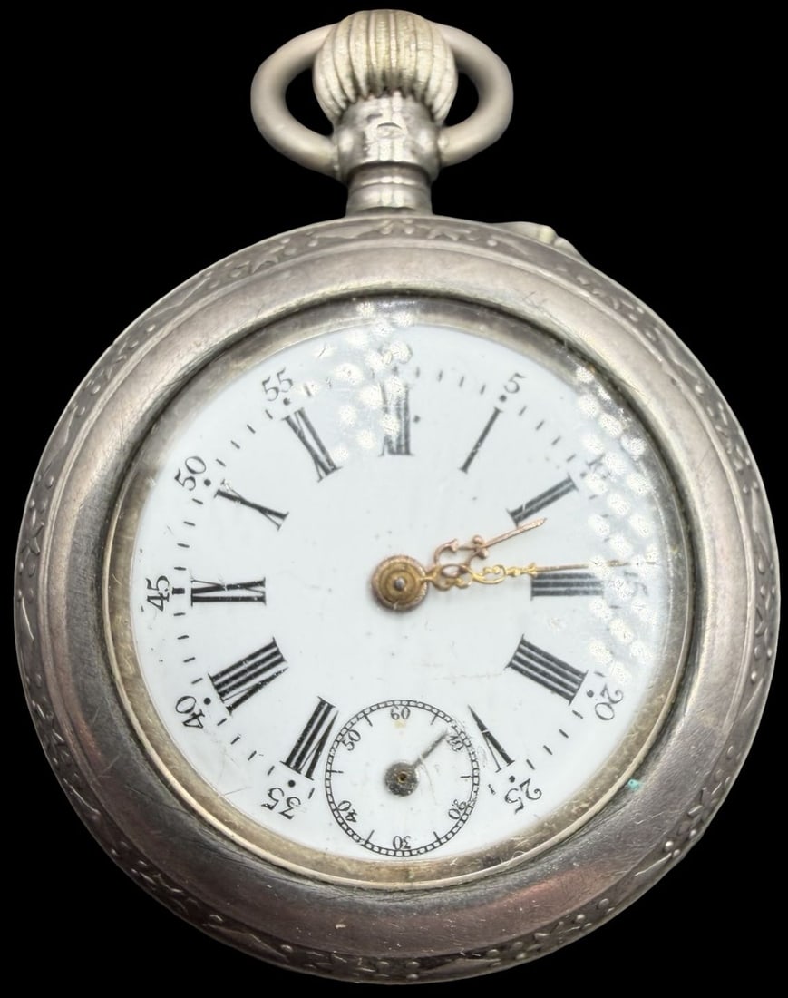 Gorgeous Ornate Vintage Silver Tone & White Dial Pocket Watch: Good vintage condition w/ minor patina according to age; Glass is broken. Measures approx. 3/4" long and 3/4" wide and weighs ca. 26.93 grams. Watch is working.