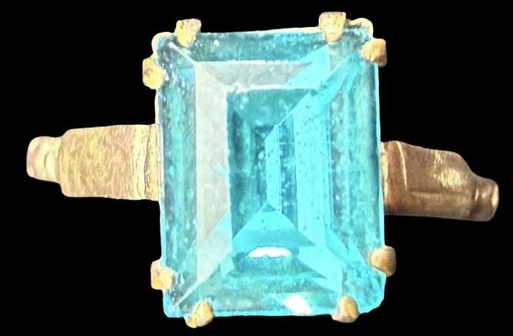 Stunning Ornate Vintage Native American 14K Gold Plated & Unusual Blue Gemstone Ring: Good vintage condition w/ patina and wear according to age and use, see pictures. Weighs ca. 2.4 grams. Ring is Size 5 1/4. Marked for 14K Gold Plated