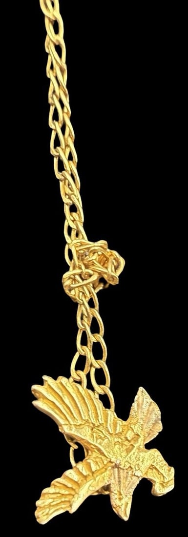 Gorgeous Ornate Vintage Gold-filled & Eagle Pendant Necklace: Good vintage condition w/ patina and wear according to age and use, see pictures. Measures approx. 2" long and 2" wide and weighs ca. 15.8 grams. Charm Measures approx. 1 1/2" long and 3/4" wide. Mark