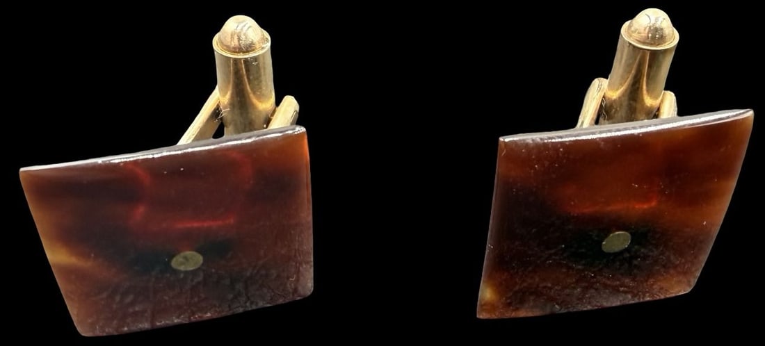Unusual Vintage Gold-filled & Amber Cufflinks: Good vintage condition w/ patina and wear according to age and use, see pictures. Measures approx. 3/4" long and 3/4" wide and weighs ca. 5.1 grams. Marked for Gold Filled