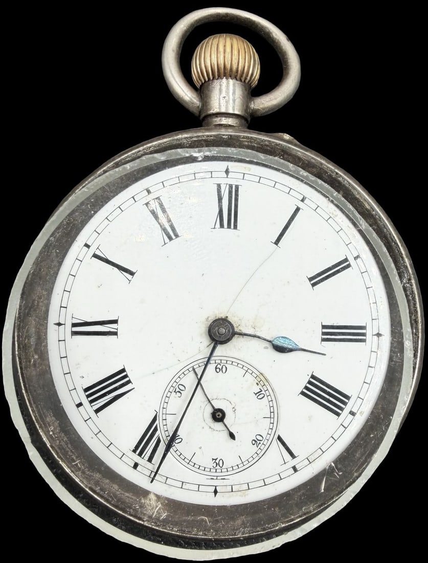 Amazing Vintage Silver Tone & White Dial Pocket Watch: Good vintage condition w/ minor patina according to age; Glass Broken. Measures approx. 1 1/2" long and 1 1/2" wide and weighs ca. 1202.8 grams. Watch is working.